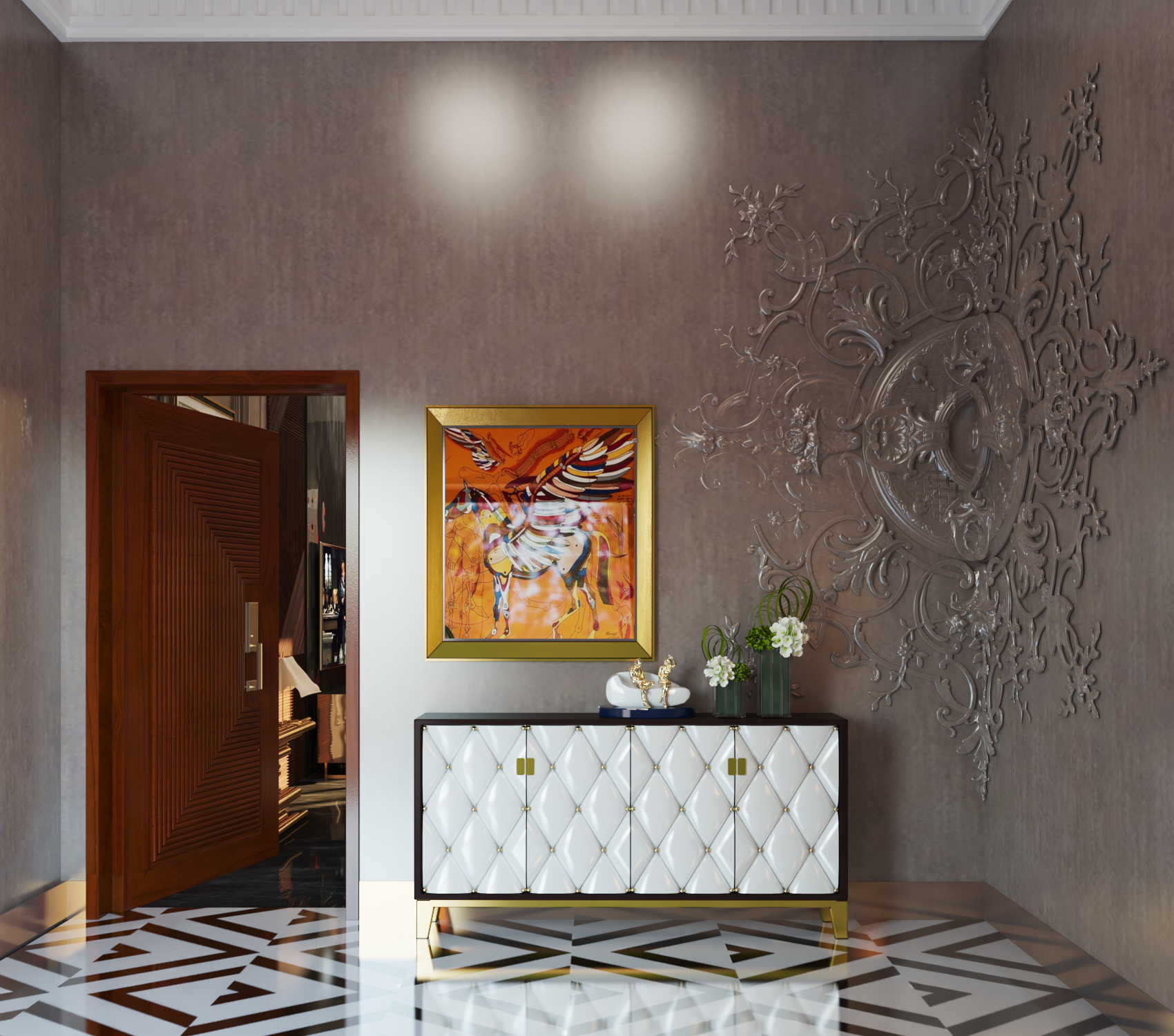 Decorative feature wall with marble finishes in a renovated villa