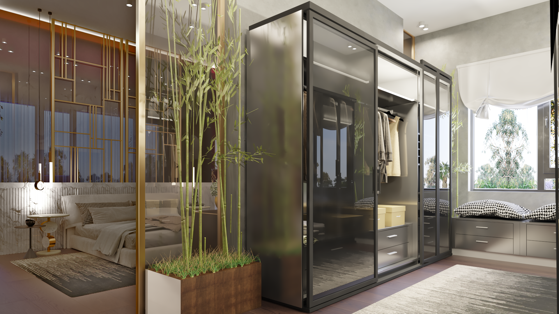 Glass walk-in wardrobe installed during a villa renovation