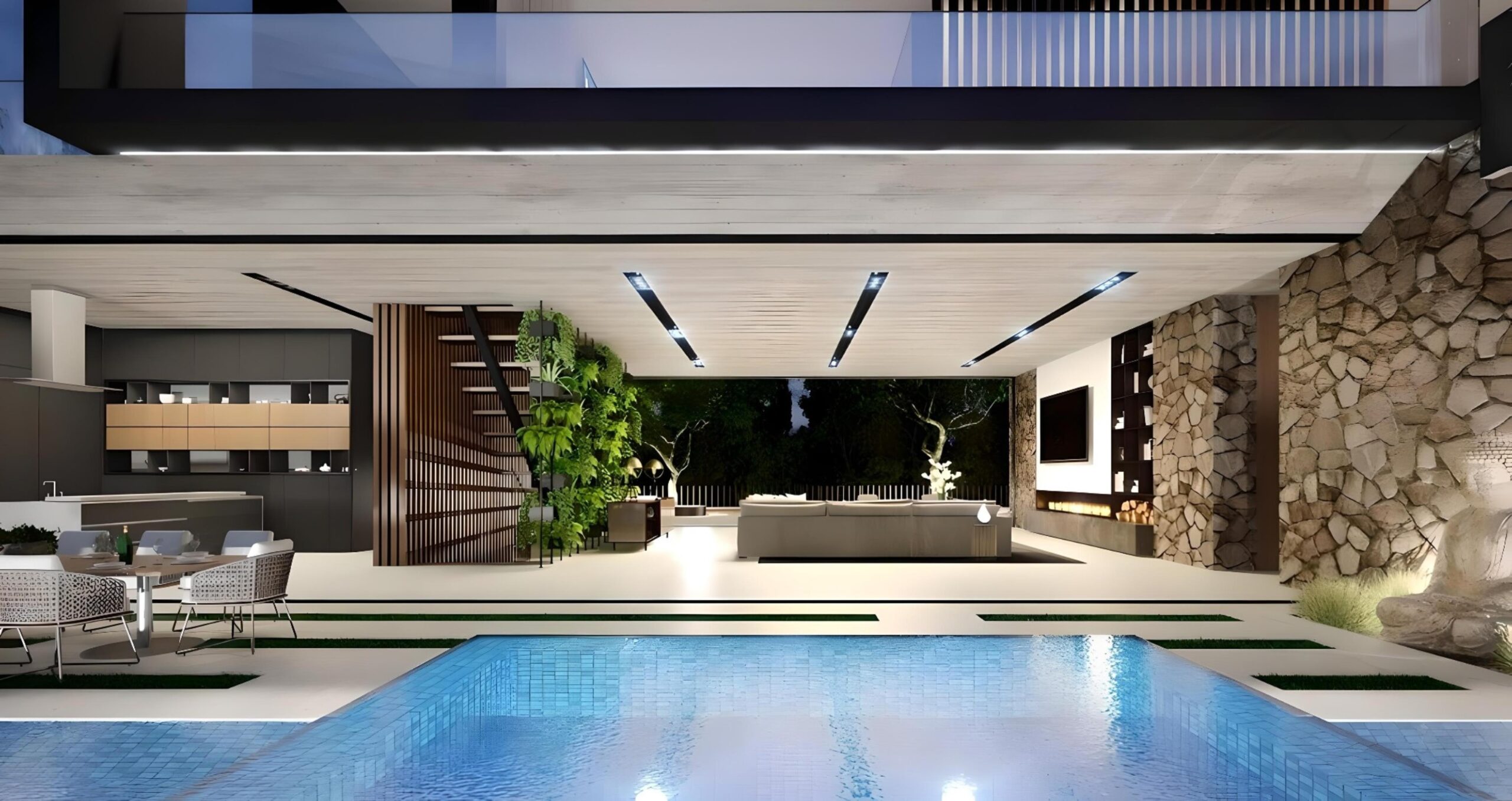 Villa pool terrace with finished outdoor living area